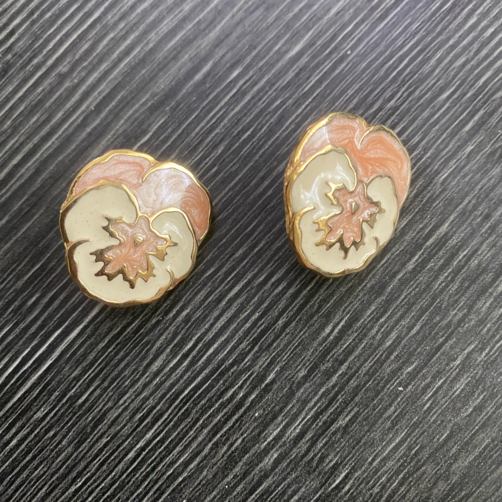 Gold-Tone Pink and Cream Pansy Enamel Stud Earrings